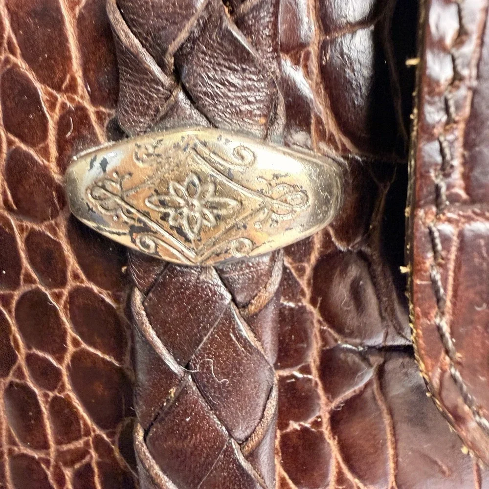 Vintage Brighton Brown Croc Embossed Leather Braided Strap Shoulder Bag Purse